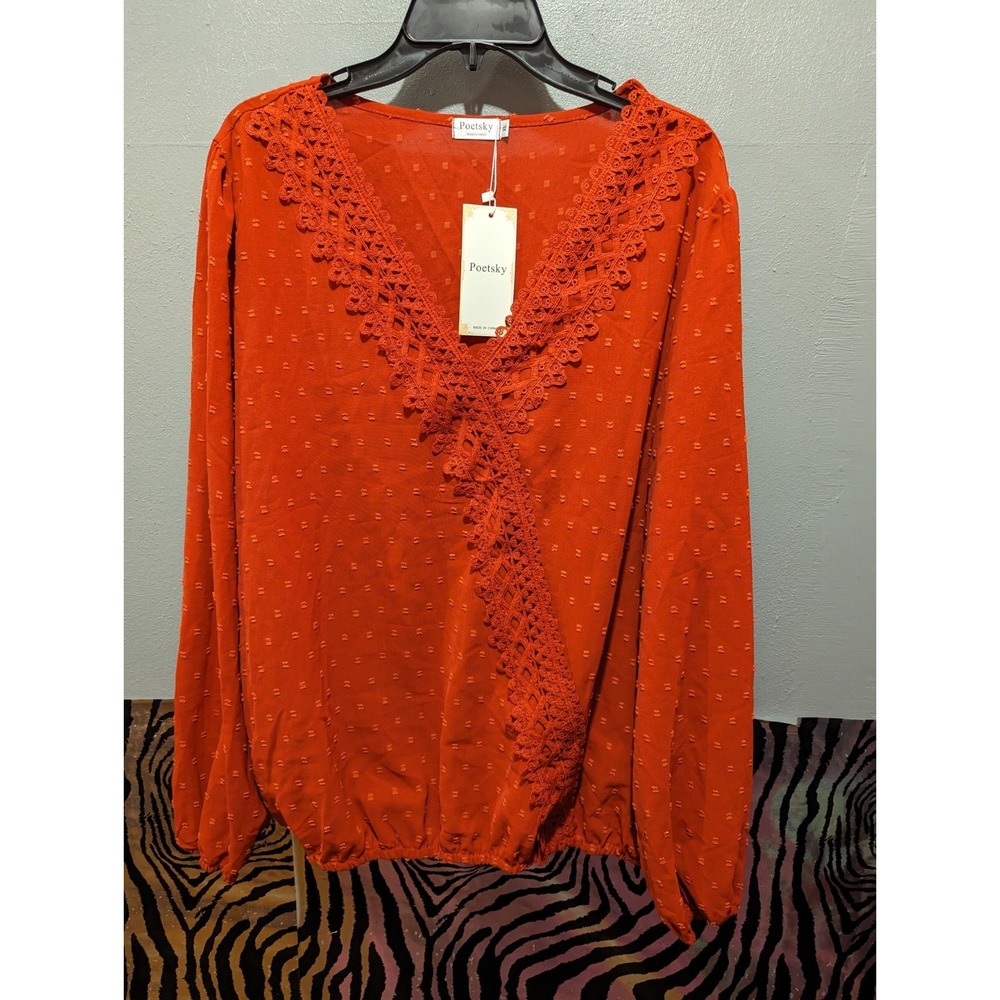 Womens Poetsky dark‎ orange beautiful neck design shirt top blouse XL NEW